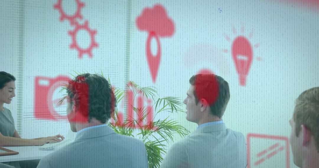 Business Meeting with Futuristic Interface Overlay