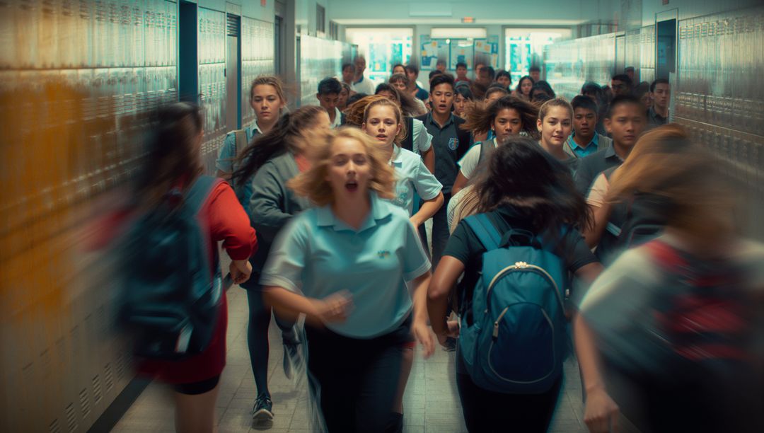 Students Hastily Navigating School Hallway in Uniform