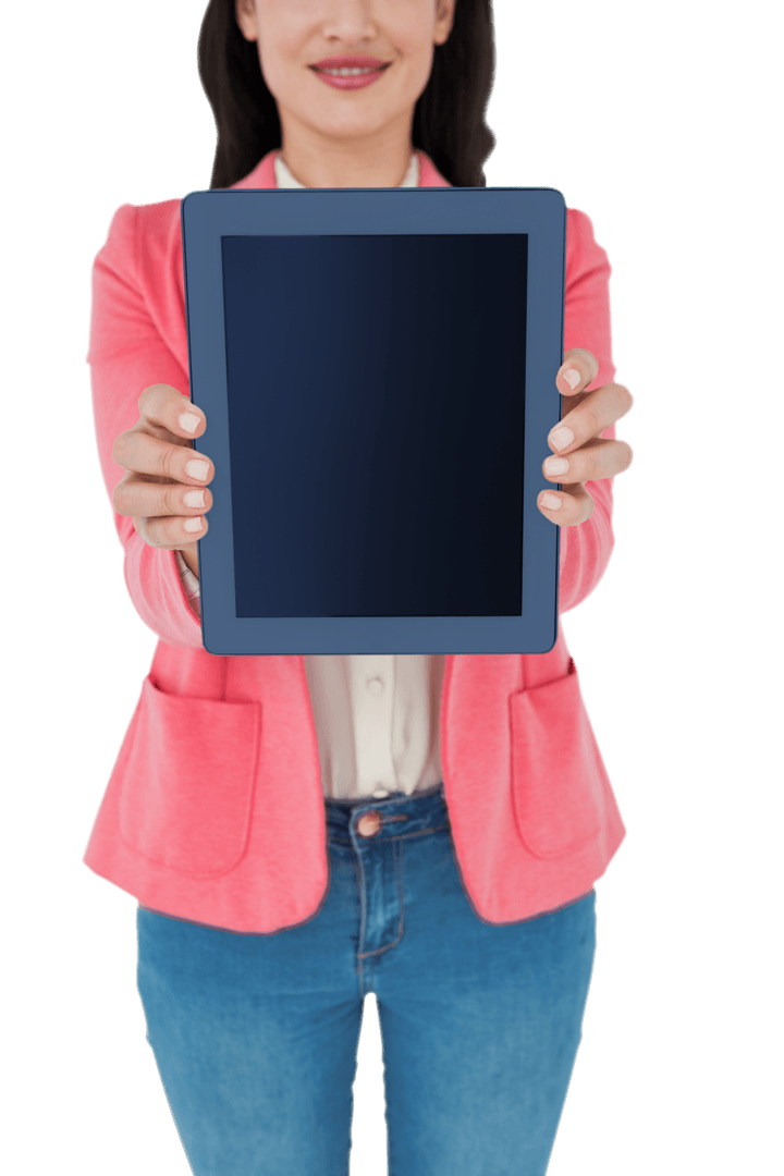 Woman Holding Transparent Tablet Screen for Presentation Display