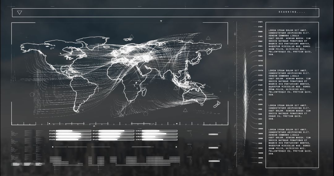 Digital World Map with Loading Bars Over Cityscape