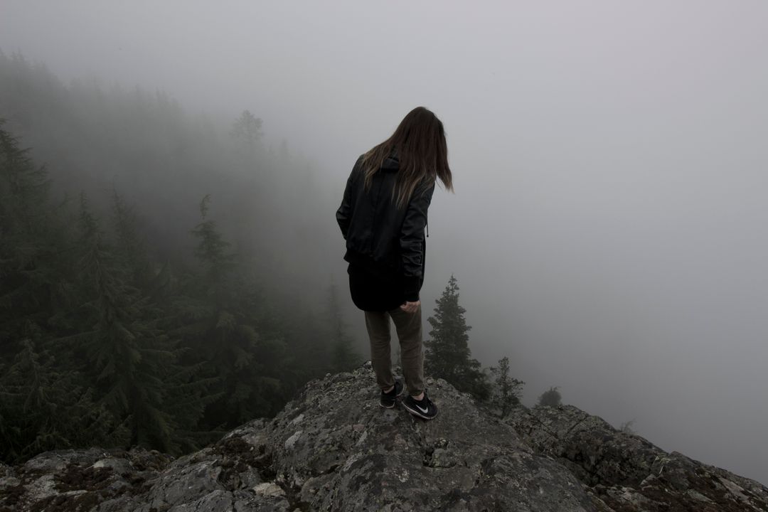 Person on Rocky Cliff Enjoying Misty Forest View - Free Images, Stock Photos and Pictures on Pikwizard.com