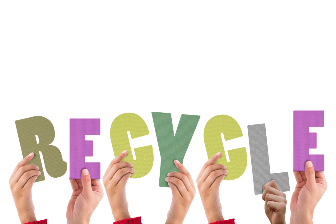 Hands Holding Colorful Transparent Letters Spelling 'Recycle'