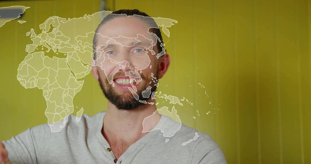 Professional Presenter Sharing Global Trends with World Map Overlay