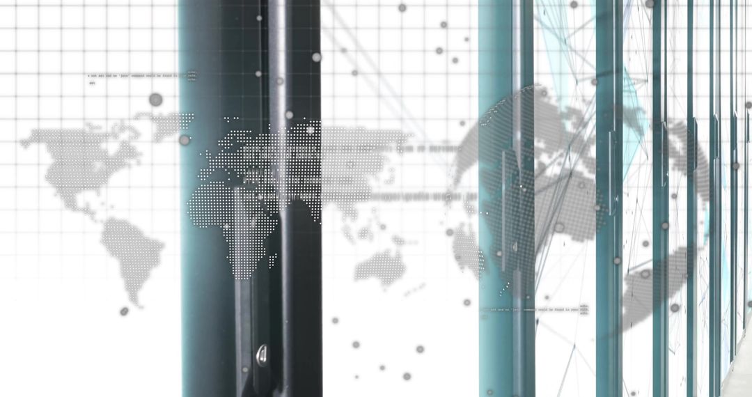 Futuristic Glass Facade Reflecting Teal Mullions with Dotted World Map Overlay for Tech