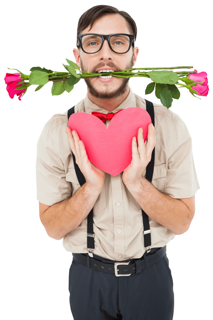 Transparent Man Holding Red Heart and Roses