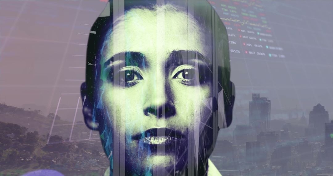 Digital Financial Data Superimposed on Female Face for Global Business Concept
