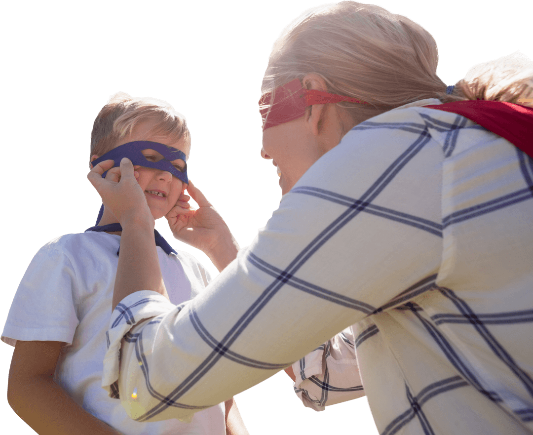 Mother and Son Playing Superheroes in Transparent Costumes