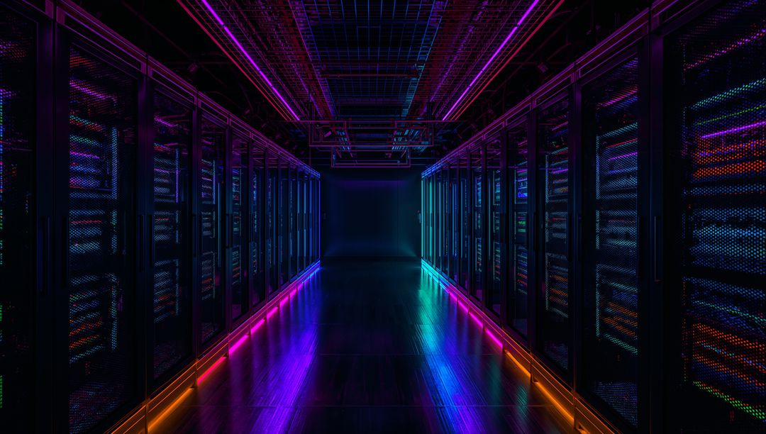 Futuristic Data Center Corridor with Vibrant LED Lighting