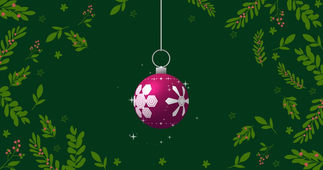 Ornate Christmas Bauble on Green Background with Festive Leaves
