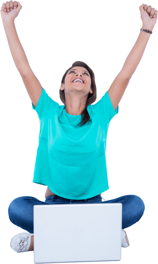 Ecstatic Woman Raising Hands Behind Laptop on Transparent Background