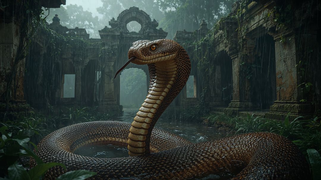 Majestic king cobra exploring ancient jungle ruins