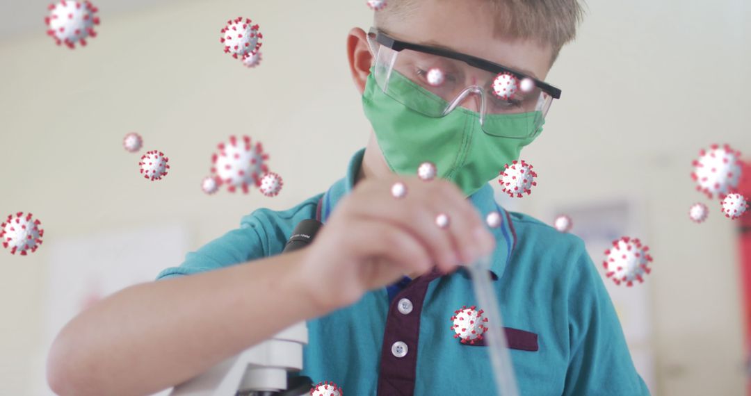 Boy in Mask Conducting Scientific Experiment With Virus Cells