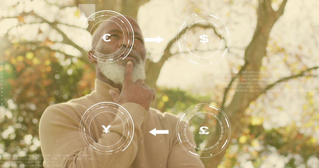 Senior Man Pondering Currency Conversion Concept in Park with Futuristic HUD Overlays