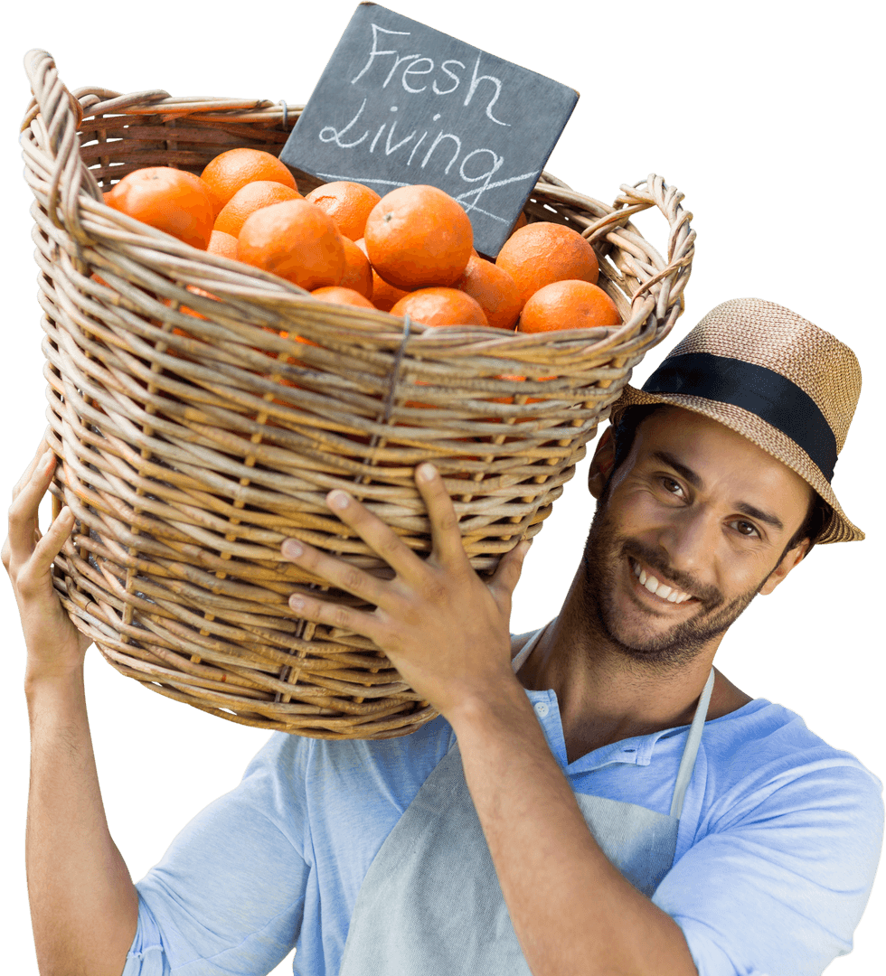 Smiling Farmer Carrying Wicker Basket of Oranges Transparent Background