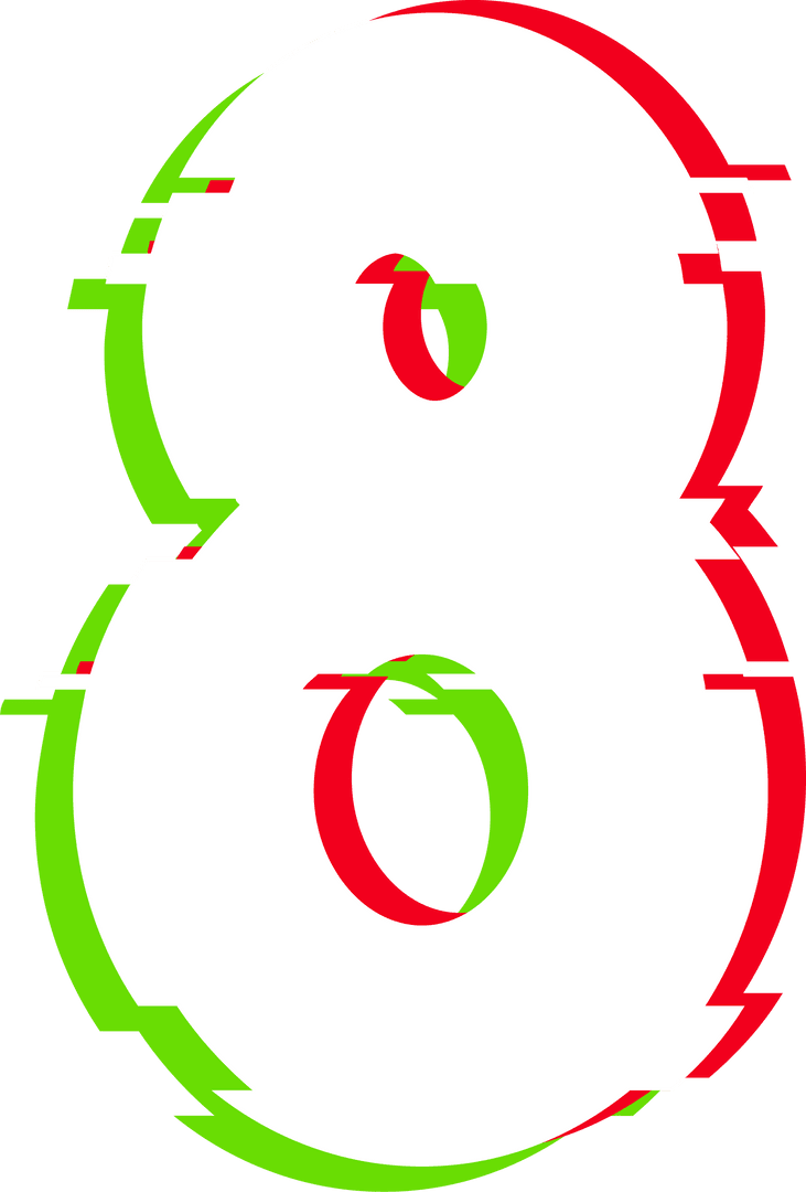 Number 8 with Red Green Digital Glitch Effect on Transparent Background
