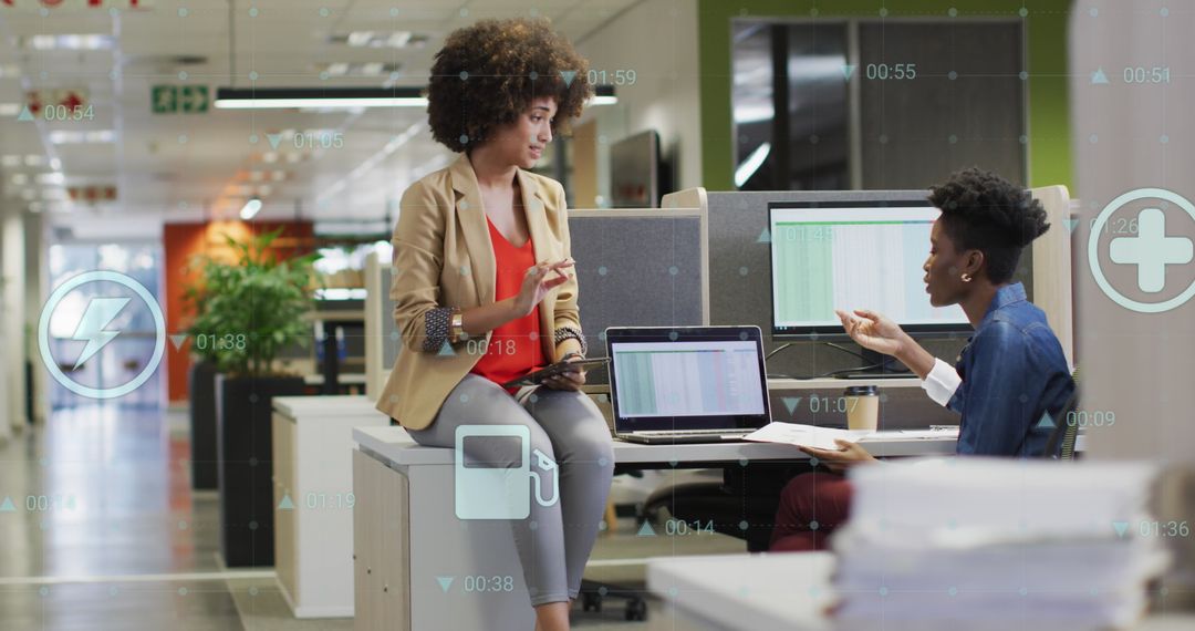Diverse Women Collaborating in Modern Office with Digital Overlay