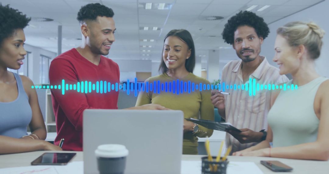 Diverse Team Collaboration with Digital Interface in Office Environment