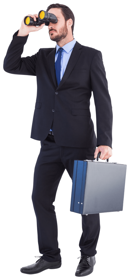 Transparent Businessman Holding Briefcase with Binoculars Vision