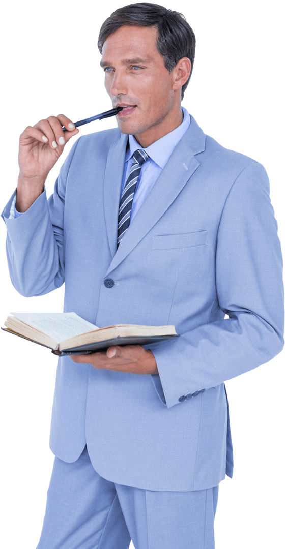 Professional Businessman in Thought Holding Book on Transparent Background