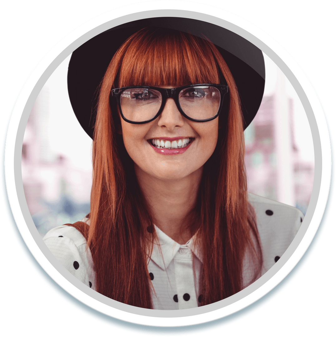 Transparent Smiling Red-Haired Woman in Hat and Glasses