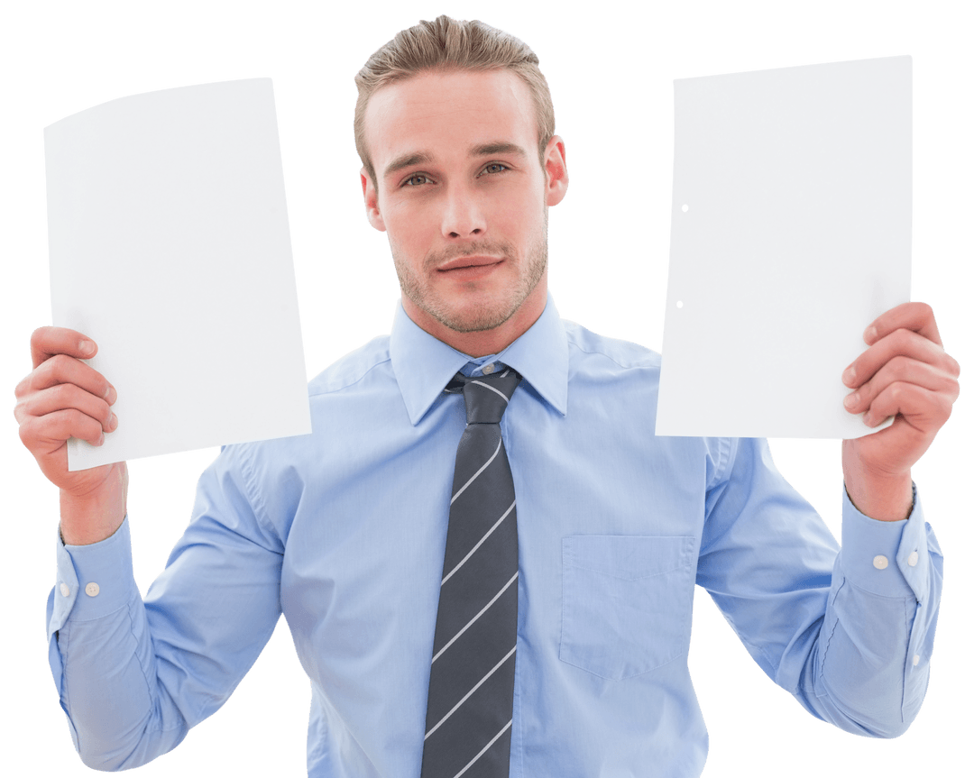 Caucasian Businessman Displaying Blank Papers on Transparent Background