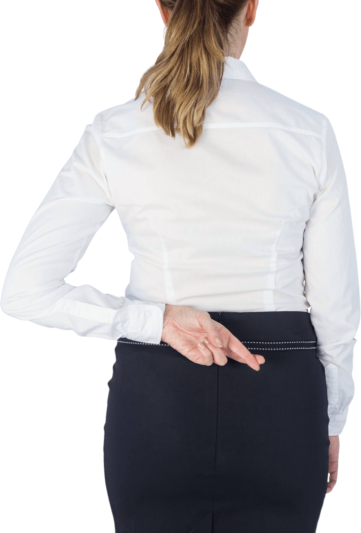 Behind Businesswoman's Back; Hands with Transparent Fingers Crossed Gesture