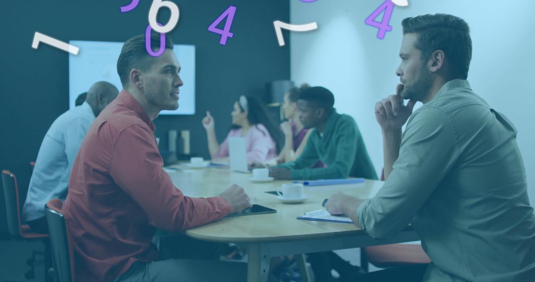 Dynamic Business Meeting with Overlaid Numbers Illustrating Innovation