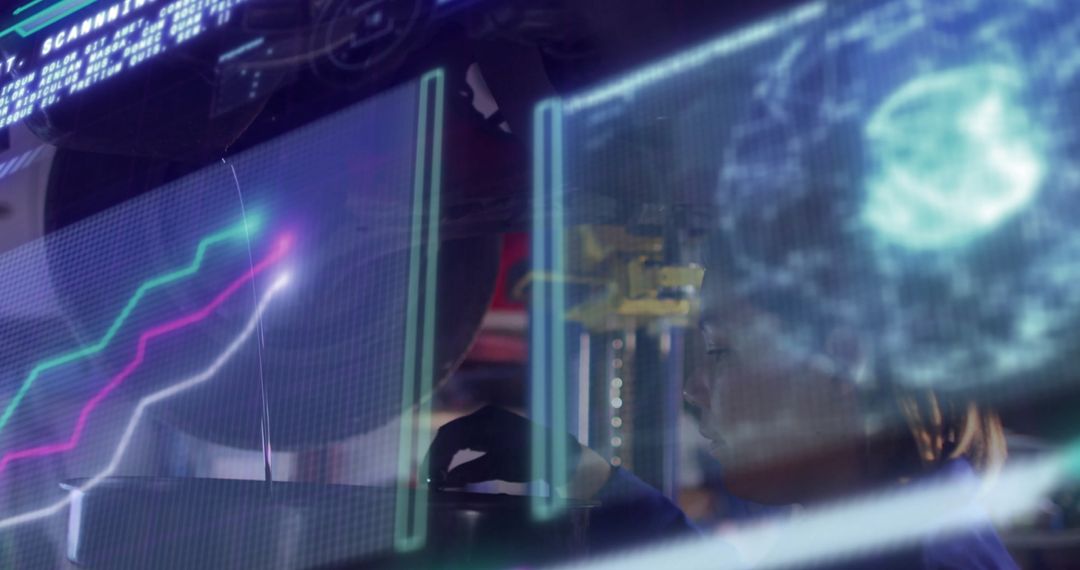 Technician Managing Data on Futuristic Digital Screens and Holograms