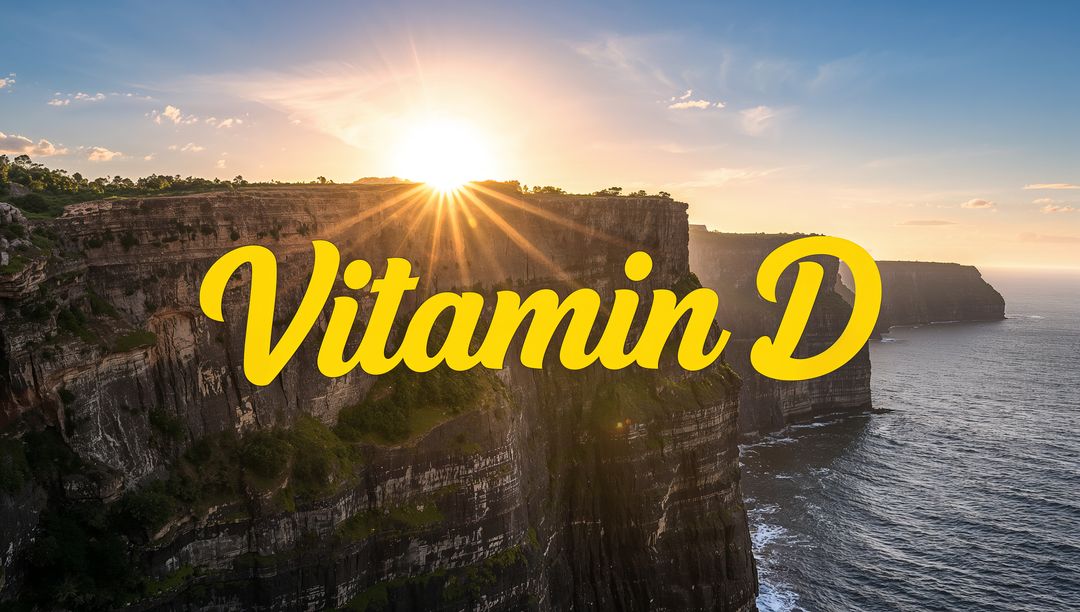 Vitamin D Sunburst Over Dramatic Coastal Cliffs with Bold Yellow Typography