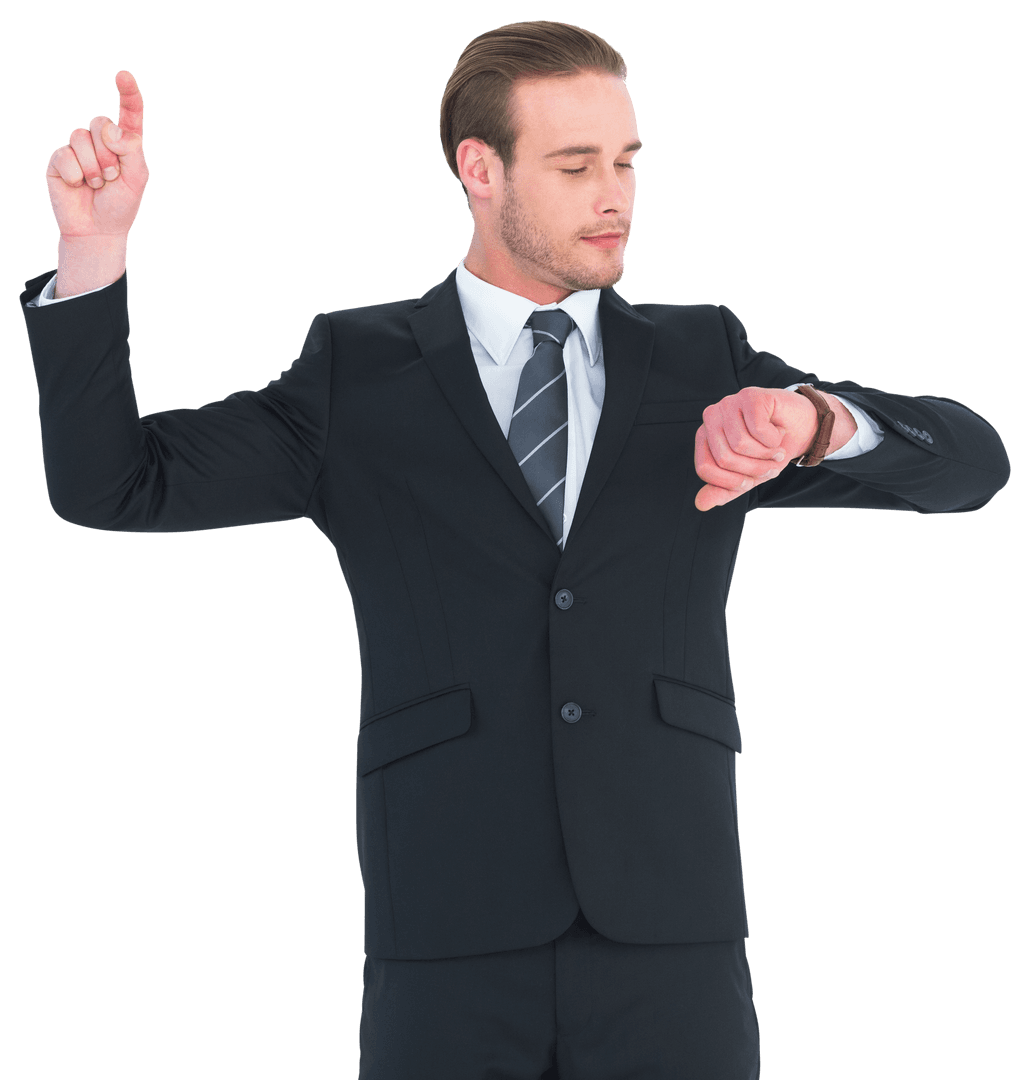 Transparent businessman checking time and pointing upwards