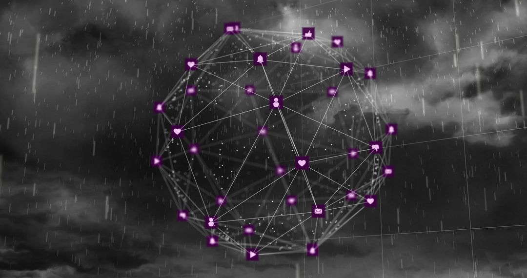 Digital Network Sphere Amidst Storm Clouds
