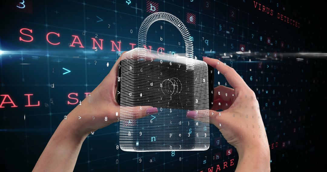 Hands Interacting with Digital Padlock Hologram in Cyberspace Grid