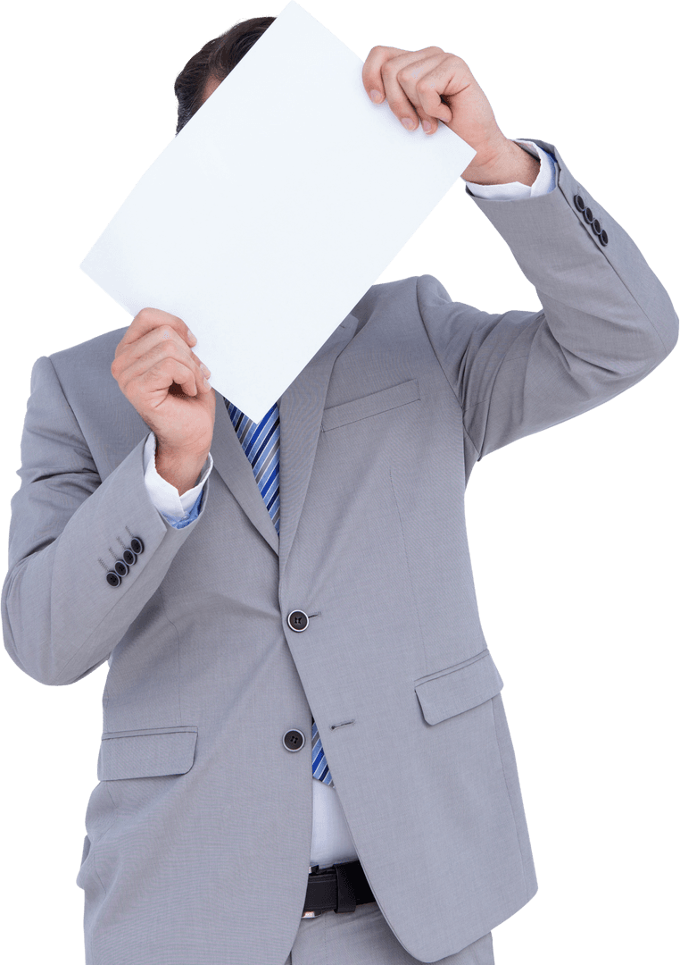 Businessman Holding Transparent Blank Sign Front of Face
