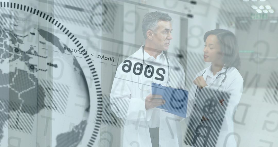 Doctors Discuss Digital Innovations with World Map Overlay in Hospital