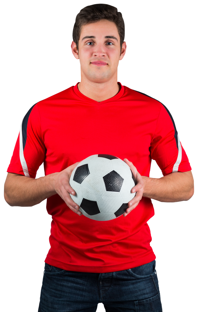 Young Man Wearing Red Jersey Holding Soccer Ball Isolated on Transparent Background - Download Free Stock Images Pikwizard.com