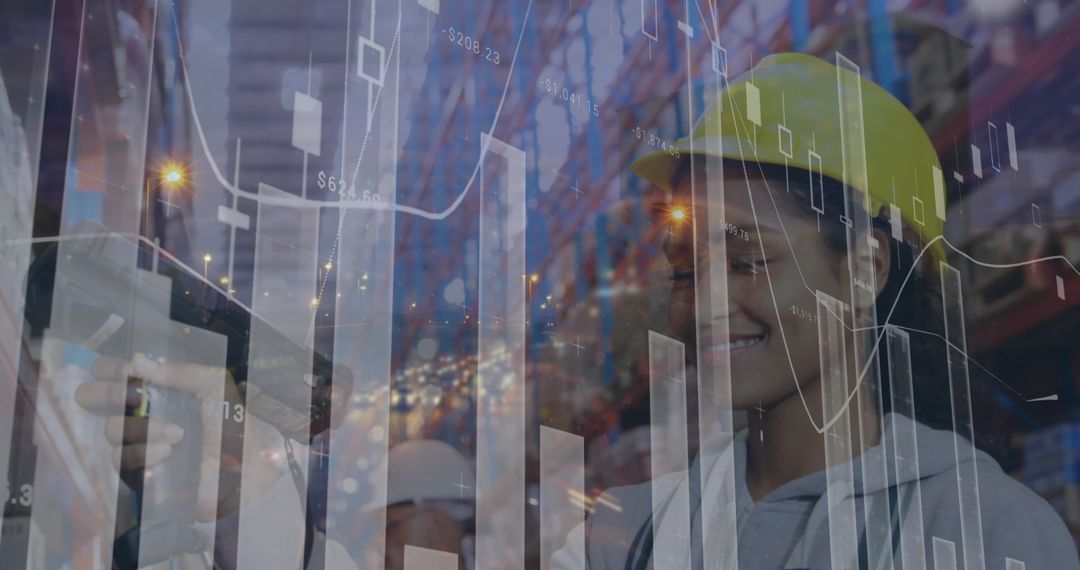 Female Warehouse Worker Scanning Data amid Global Logistics Overlay