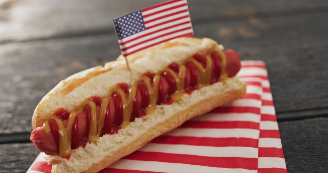 Classic Hot Dog with American Flag Decor on Patriotic Napkin - Free Images, Stock Photos and Pictures on Pikwizard.com