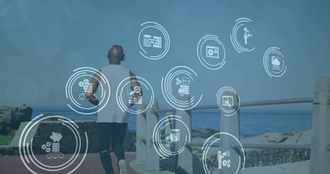 Digital Technology Integrates with Senior Running on Beach