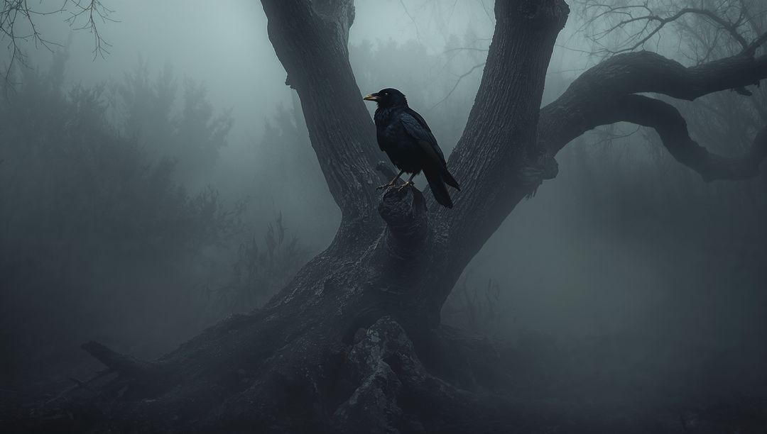 Solitary Black Crow on Gnarled Trunk in Mystical Misty Forest
