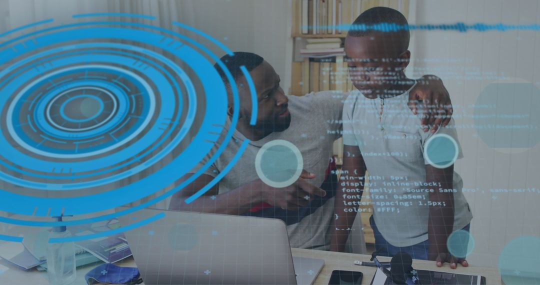 Father and Son Bonding Over Computer Technology Learning