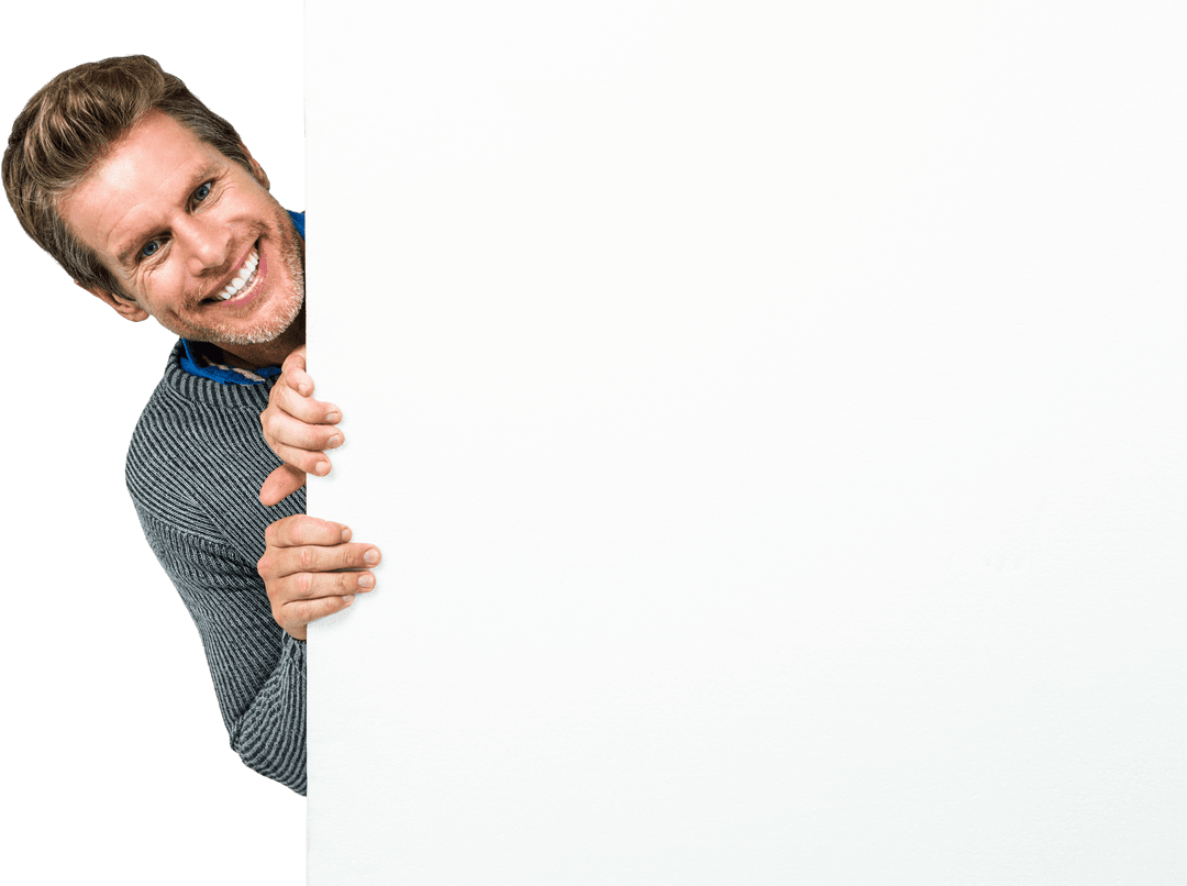 Happy Man Peering Behind Large Transparent Blank Placard