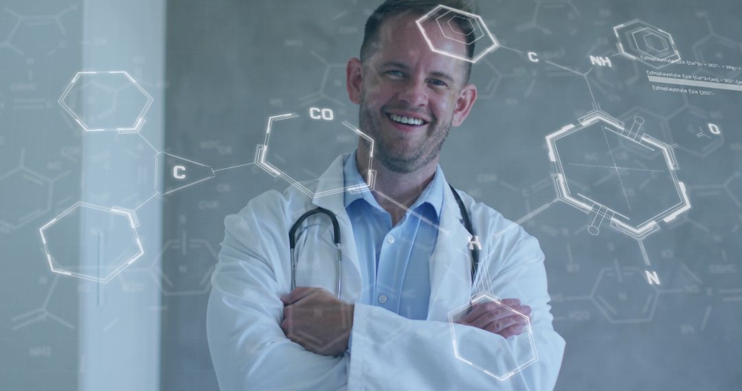 Smiling Doctor with Digital Chemical Structures Overlay