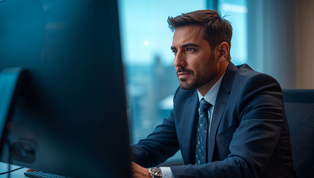 Focused Professional in Office Engaging with Technology