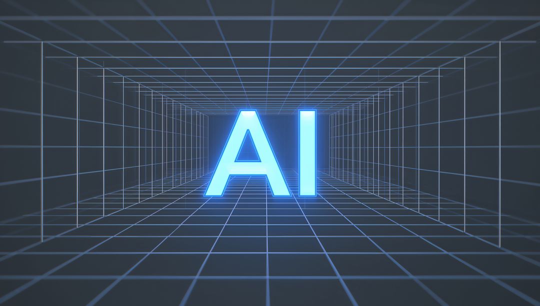 Glowing AI Letters Pulsing in Neon Cyan Grid Tunnel Toward Vanishing Point