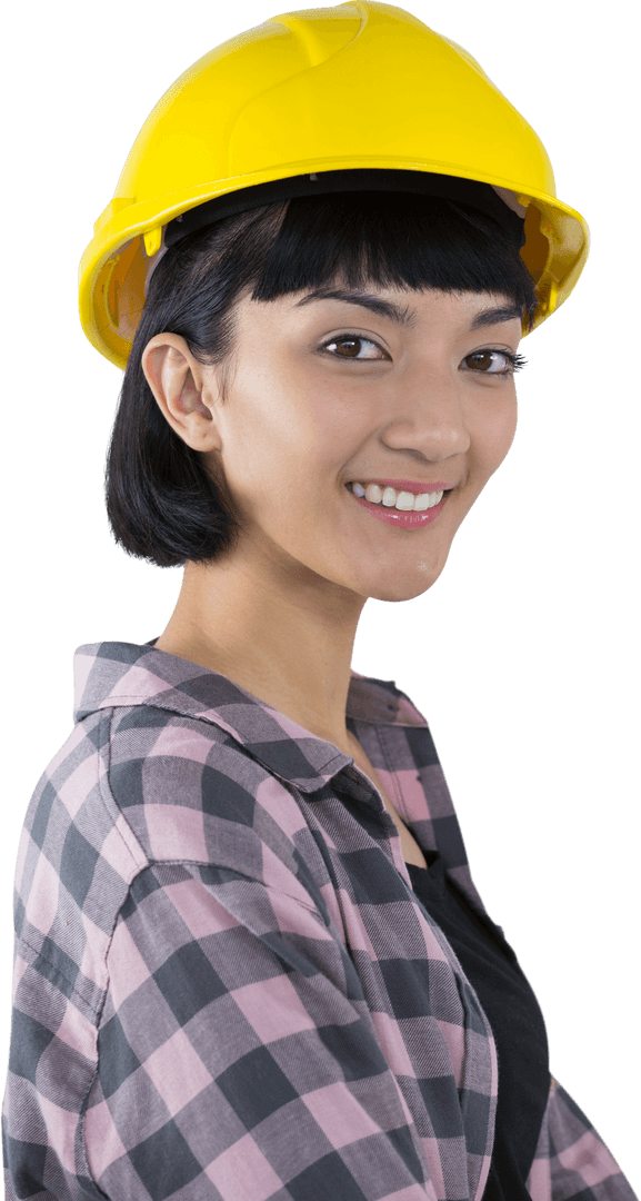 Confident Female Architect Wearing Hard Hat on Transparent Background