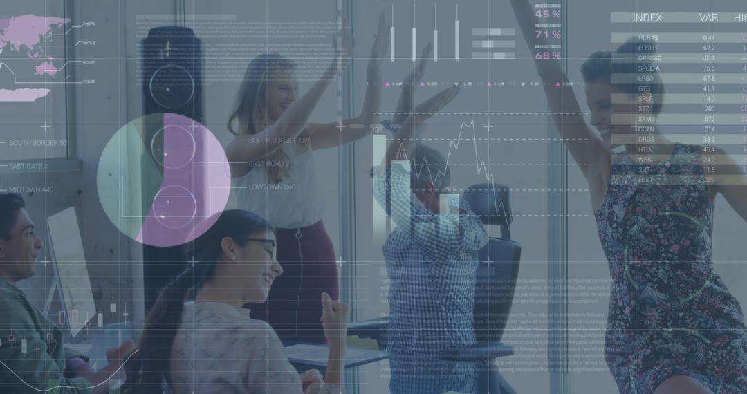 Business Team Celebrating Success with Virtual Data Overlay