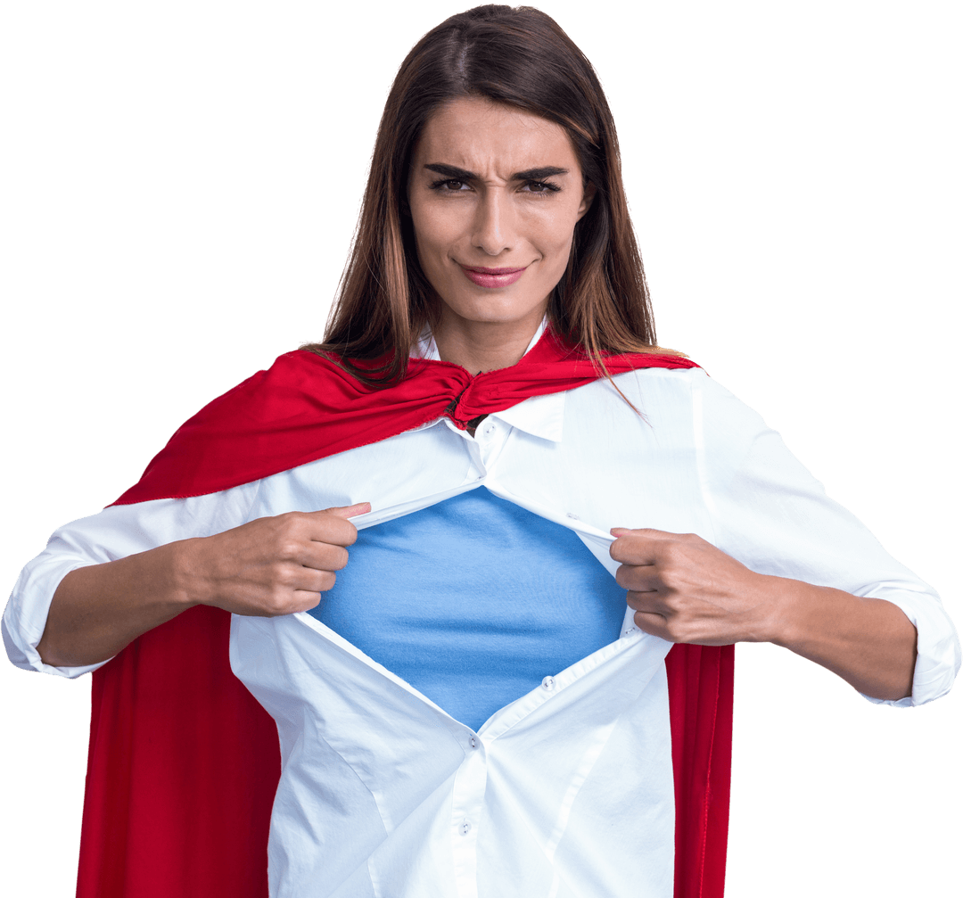 Woman Posing as Superhero Isolating Passion and Determined Expression