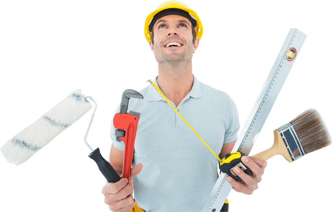 Happy Worker Holding Various Tools with Transparent Background
