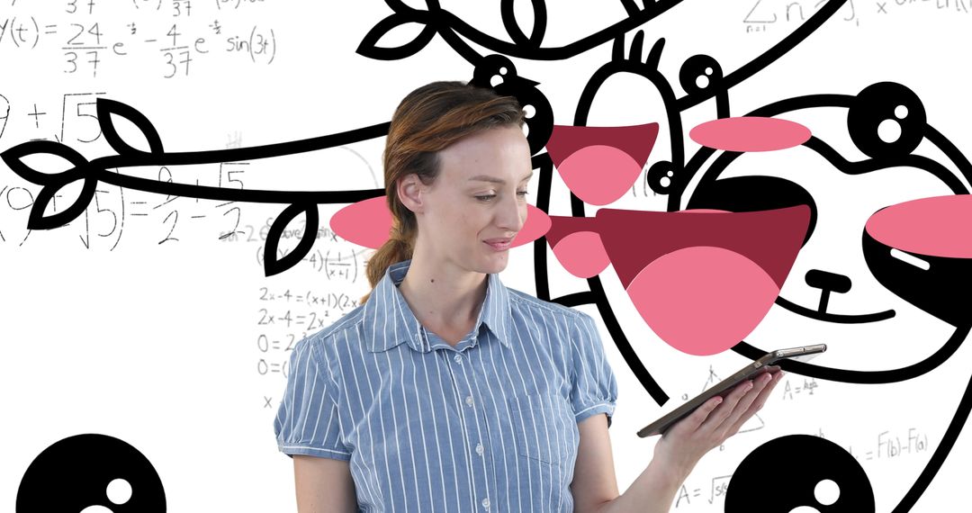 Professional Woman Engaging with Digital Tablet Amid Mathematical Artwork