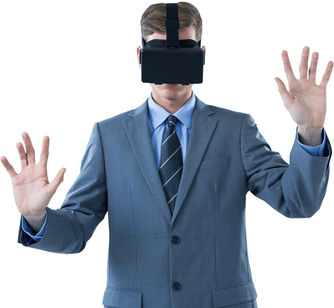Transparent Businessman Engaging with Virtual Reality Displays